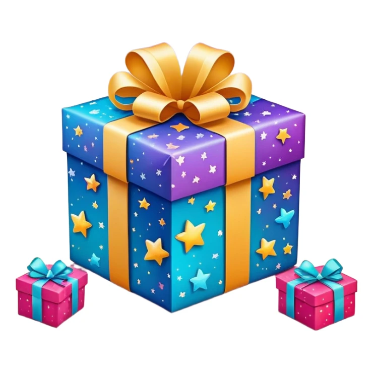 cute gift box with sparkling stars and hearts, smiling wrapping paper, vibrant colors, joyful and romantic mood sticker