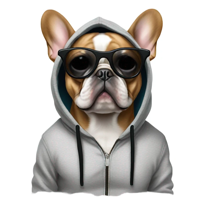 French bulldog wearing a hoodie with sunglasses sticker