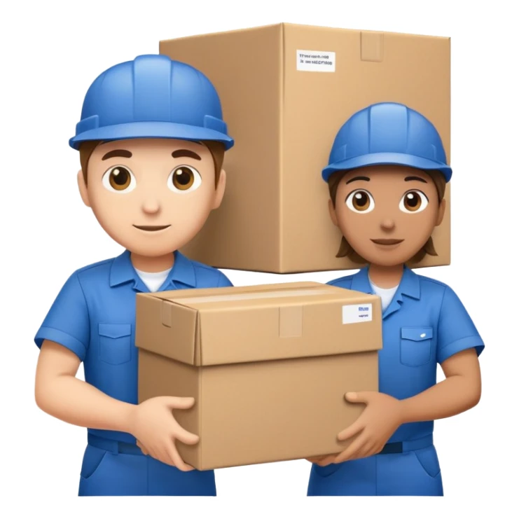 two workers in blue work uniforms and caps carrying a large box, alternate expression sticker