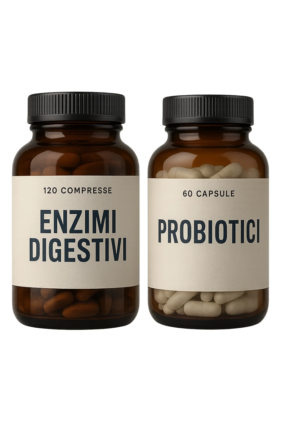 DUE BARATTOLI di integratore con la scritta "ENZIMI DIGESTIVI" E "PROBIOTICI", iperrealistico 4k sticker