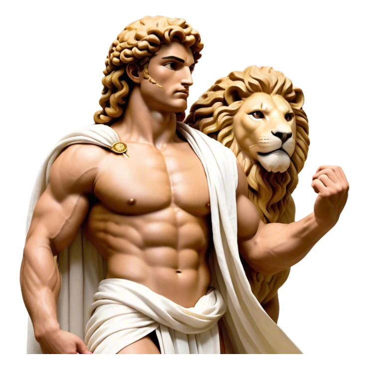 Cinematic Realistic Hercules Portrait, depicted as a classical Greek hero merging the fierce masculinity of the lion-wrestling Hercules with the refined face of Michelangelo's David. His light tan, chiseled skin glows with timeless strength, and his thick, curly, golden brown hair cascades in natural, sculpted curls reminiscent of a warrior’s mane. Draped in a flowing white robe with delicate golden accents and crowned with a traditional Greek laurel wreath, his intense, determined eyes exude noble might, all rendered under dynamic natural lighting with a mythic, radiant glow. sticker