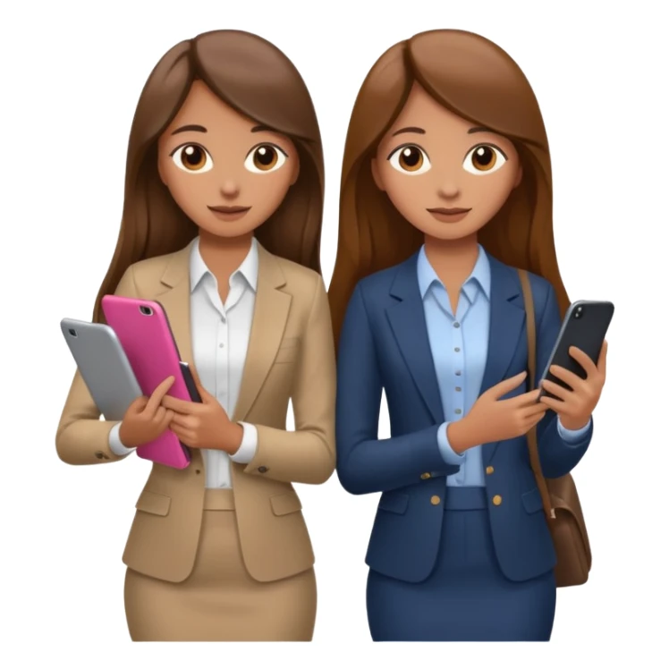 two brown haired girls, looking professional maybe leaned on each others back and looking forward and using phones, with long hair and one girl can hold lap top another one can hold the phone, professional clothes, more stylish sticker