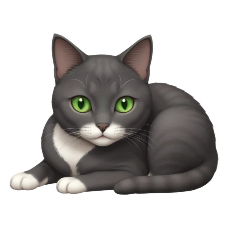 beautiful female solid dark grey cat with green eyes, white toes/paws and white patch on her chest lying down sticker