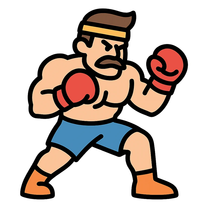a tough brawler character, muscular, ready to fight, in a dynamic pose, color outline icon style sticker