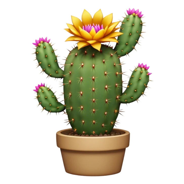 Cinematic Realistic Cactus Emoji, Tall and spiny, with thick, rounded stems covered in sharp spines. Bright flowers bloom at the tips of some branches, adding a pop of color against the desert backdrop. Soft glowing outline, capturing the essence of strength, survival, and desert beauty in a striking cactus! sticker