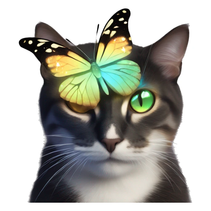 Dark iridescent butterfly glowing on top of cats head  sticker