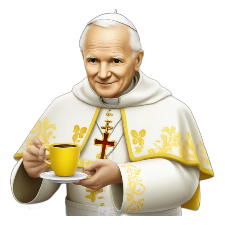 pope John Paul II with yellow face offering coffee sticker
