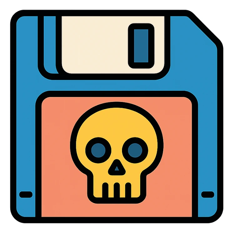 floppy disc with a skull motif, color outline icon sticker
