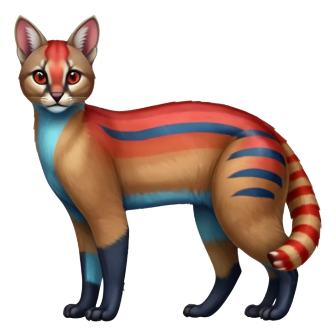 Colorful exotic shiny striped blue with red markings tropical glorious iridescent divine exotic cute cool beautiful realistic caracal-civet-genet-sergal-vernid-Cacomistle-Trico-oncilla-animal-Fakémon-hybrid-fursona (full body) sticker