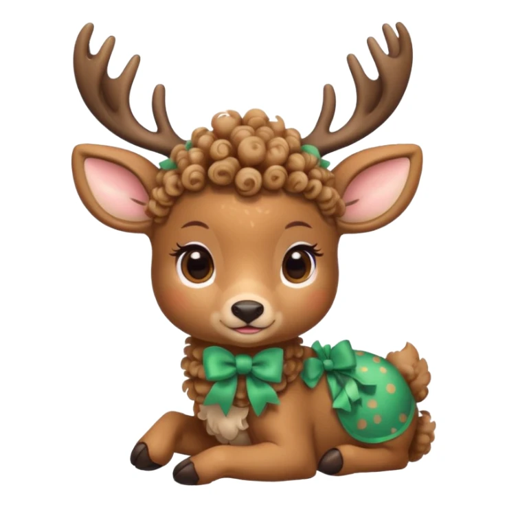 cute deer with curly fur, sitting down, wearing a bow on its head. sticker