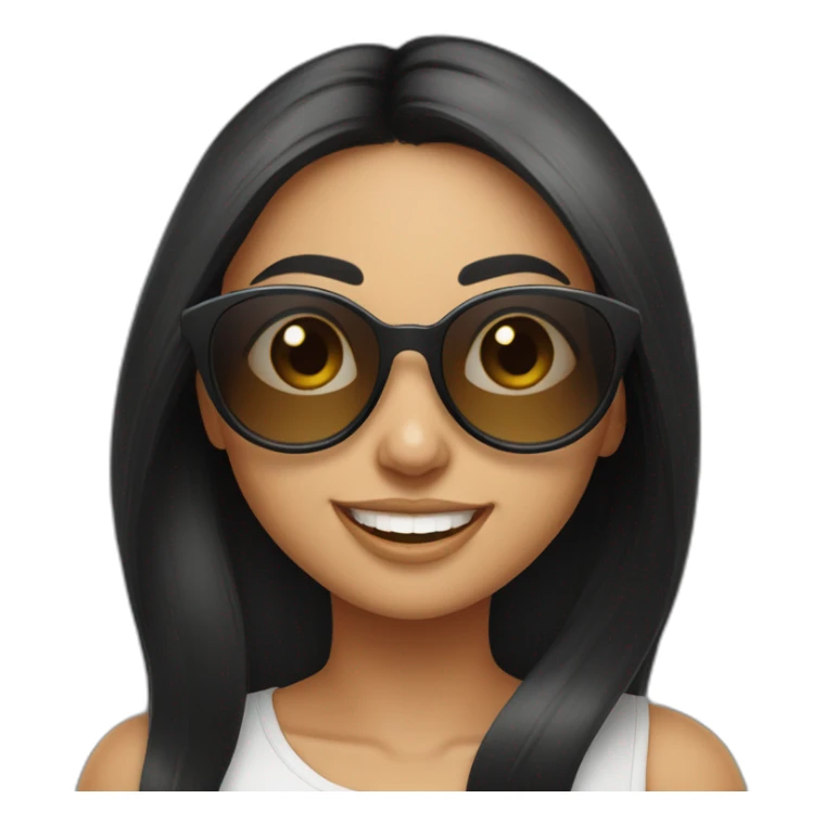 Cute oval shaped face front looking white smiling long black straight hair indian girl wearing round sunglasses sticker
