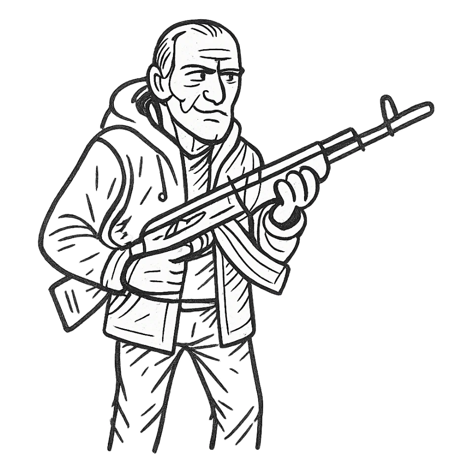 old skinny tough charismatic character from STALKER with a big machine gun sticker