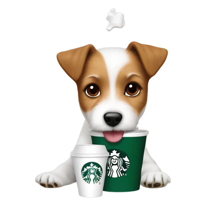 a fluffy parson Russell terrier eating pup cups from Starbucks  sticker