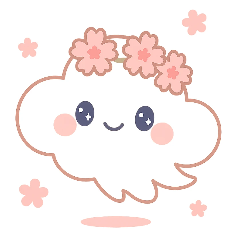 vanilla cloud doe with rosy cheeks, cherry blossom crown, floating witch-like grace, brand identity mascot for social media sticker