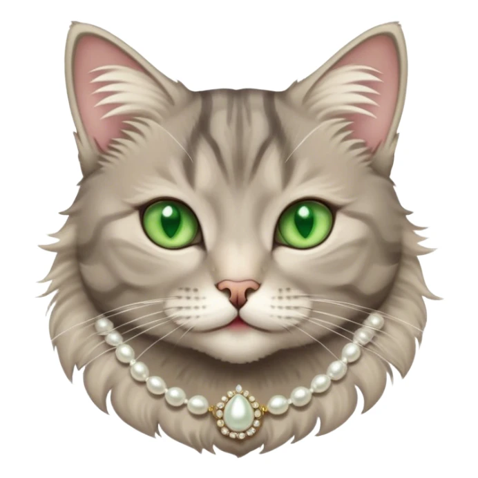 fluffy grey tabby cat with green eyes, white tummy, and a pearl necklace  sticker