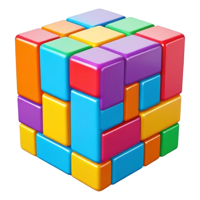 A 3D Tetris-style cube block with a smooth, glossy surface. Bright and vibrant colors, slightly reflective, with soft shadows. The cube should have a modern and playful look, resembling classic Tetris game aesthetics sticker