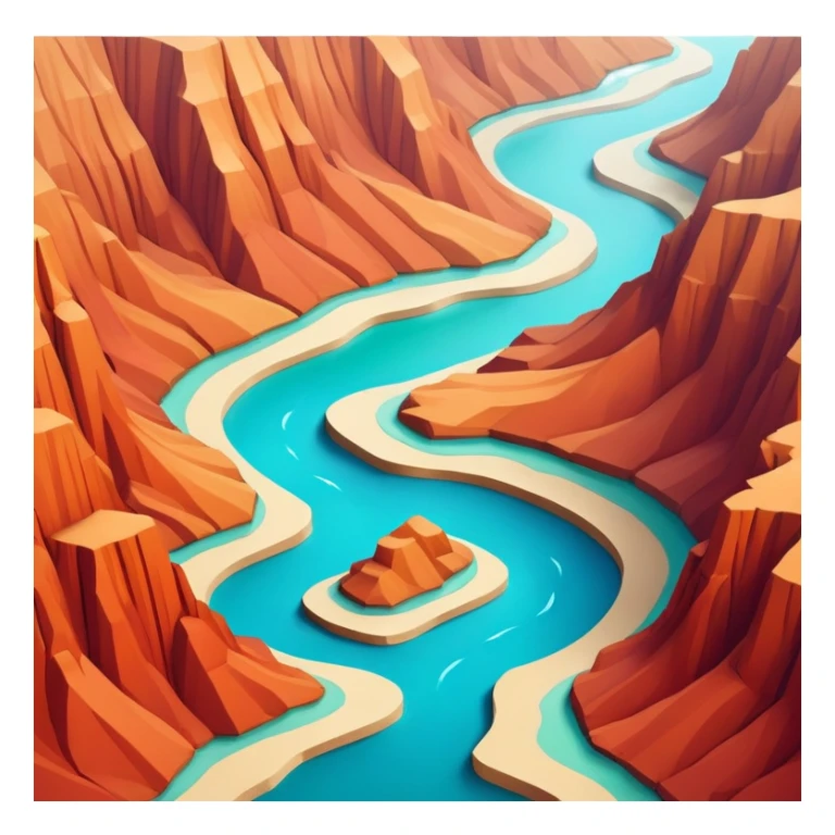 Brown and beige and red-orange canyon, 3D isometric realistic, with blue-green river sticker