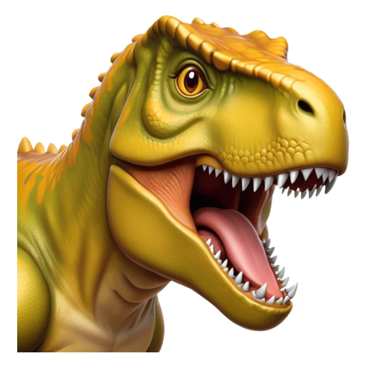 Cinematic Noble T-rex Portrait Emoji, Poised and commanding, with a massive, powerful head, a robust, muscular body, tiny, determined arms, and a fearsome yet noble gaze, Simplified yet sharply defined features, highly detailed, glowing with a cool, primal radiance, high shine, intelligent and formidable, stylized with an air of ancient predatory authority, focused and vigilant, soft glowing outline, capturing the essence of a watchful and confident T-rex that appears ready to roar out of the screen with effortless might! sticker