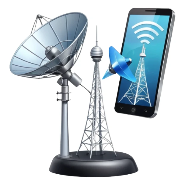 An icon featuring a satellite dish, a cell tower emitting signals, and a smartphone displaying a chat interface. The design includes fiber-optic cables and data waves, symbolizing global communication, connectivity, and information exchange. Transparent background. sticker