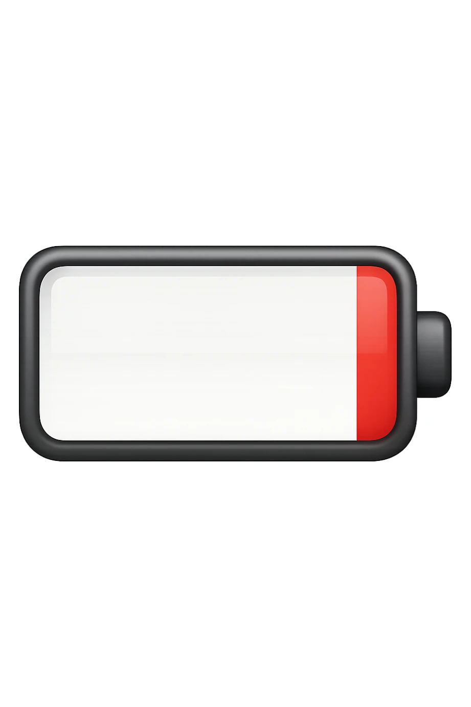 iPhone-style emoji of a battery that is almost empty, with a red bar at the end indicating low energy. Clean, minimal, glossy look, transparent background. sticker