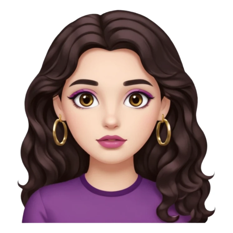 Woman with long dark brown wavy 2b hair, big brown eyes, thick brows, fair/light-medium skin, rosy blush, glossy mauve lips, gold hoops, and soft natural glam makeup. sticker