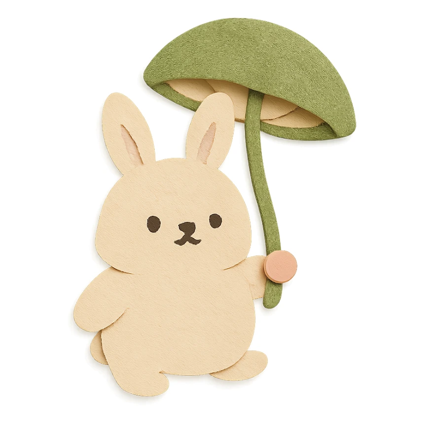 chubby bunny holding a mushroom umbrella, pastel beige and moss green, paper craft style sticker