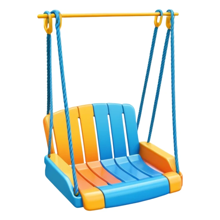 a colorful plastic swing with a safety bar in front, hanging from two ropes, glossy surface and soft shadows sticker
