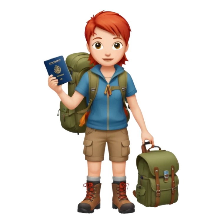 red haired Traveler character with passport, backpacker,  sticker
