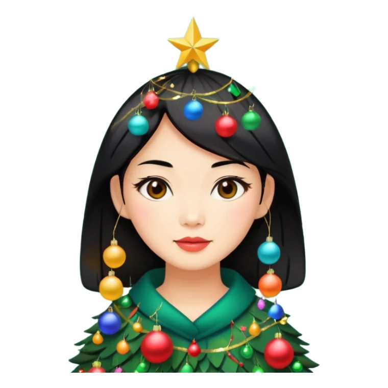 a asian woman whose black hair is a Christmas tree sticker