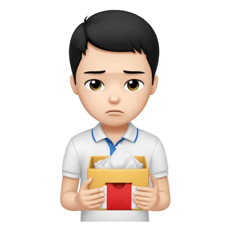 generate a pretty bratz boy with black hair, wearing a white polo shirt. Looking sad, holding a box of tissues sticker