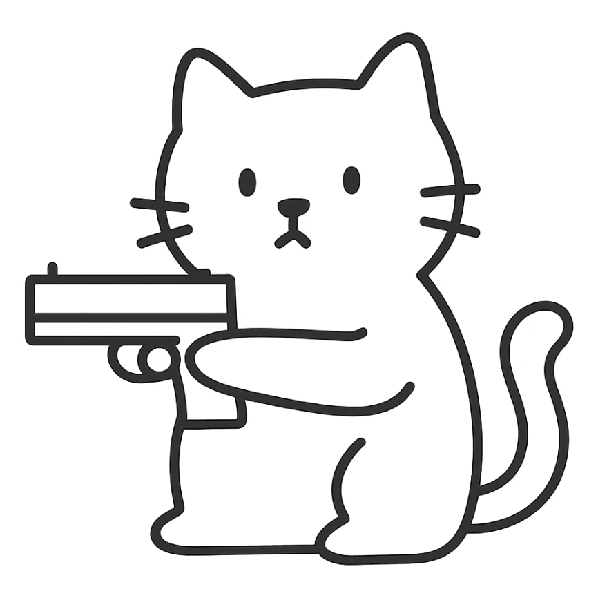 hand-drawn outlined icon of a cat holding a gun sticker