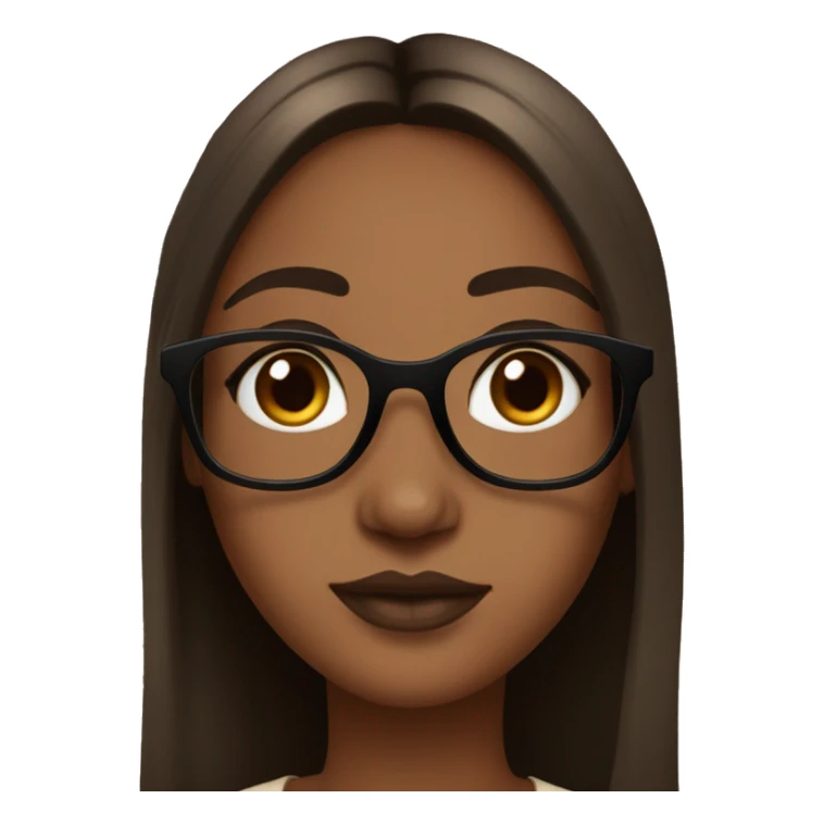 Girl with tiny bit dark skin, makeup, lashes, brown lip liner and lipgloss, black glasses, brown straight long hair sticker