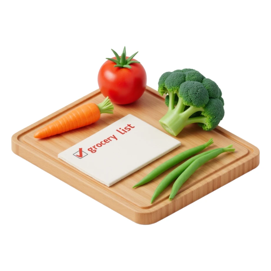 "3D isometric illustration of a wooden cutting board with fresh vegetables (carrot, broccoli, tomato, peas), a paper grocery list with checkboxes, soft lighting, realistic textures, floating shadows, minimalistic style, dark background, modern food planning app aesthetic sticker