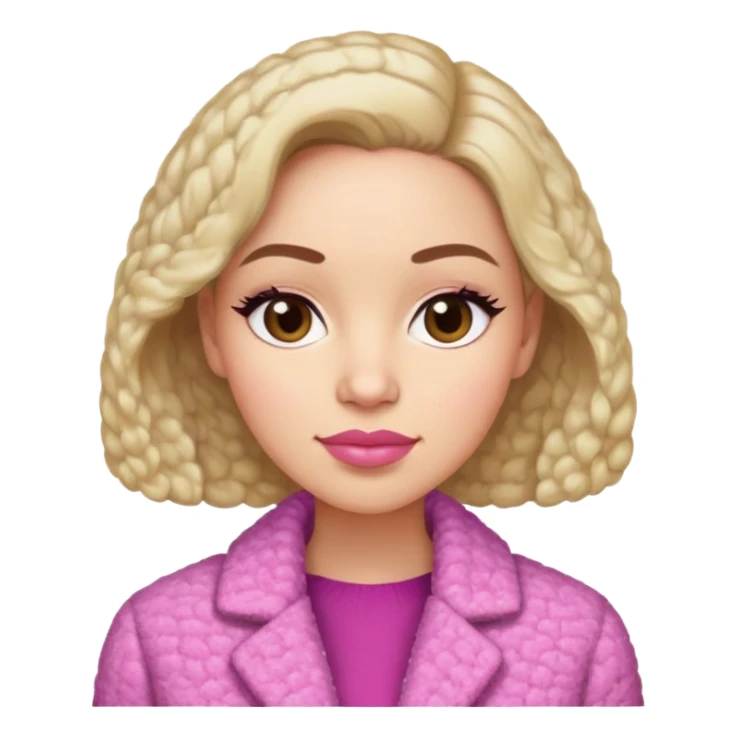 
Here is a description of the character based on the image provided:
**Appearance:**
* **Age:** It seems that the woman is about 30-35 years old.
* **Face:** She has an oval face with soft features. Small wrinkles are visible at the corners of the eyes.
* **Skin:** The skin is light and smooth.
* **Eyes:** The color of the eyes is difficult to determine from the photo, but they appear dark.
* **Lips:** Lips of medium fullness, made up with pink lipstick.
**Clothes:**
* She is wearing a warm jacket or robe made of boucle fabric or similar material with a "lamb" texture. The color of the clothes  sticker