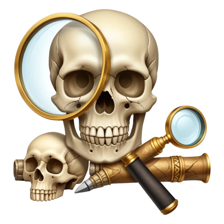 An icon showing a skull and ancient artifacts, representing anthropology. The design features a magnifying glass examining bones, fossils, and cultural symbols, symbolizing the study of human evolution and societies. Transparent background emphasizes the academic and exploratory nature. sticker
