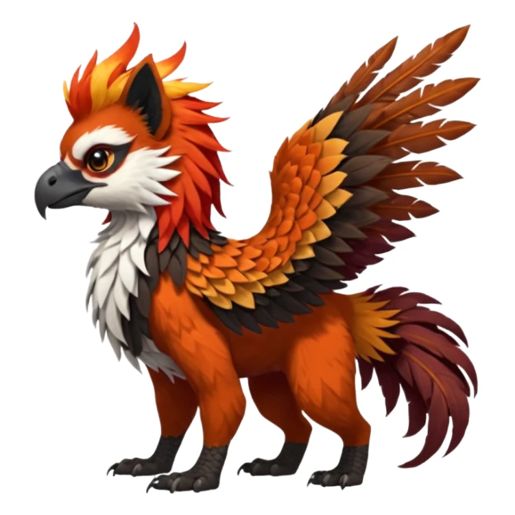 4-legged realistic scaly long-big-beaked Gryphon-Griffin-Griffsnuff-Talonflame-Red-Panda-Silvally-fusion-hybrid-animal-Fakémon-creature, full body, with a long thin tufted lion-tail sticker