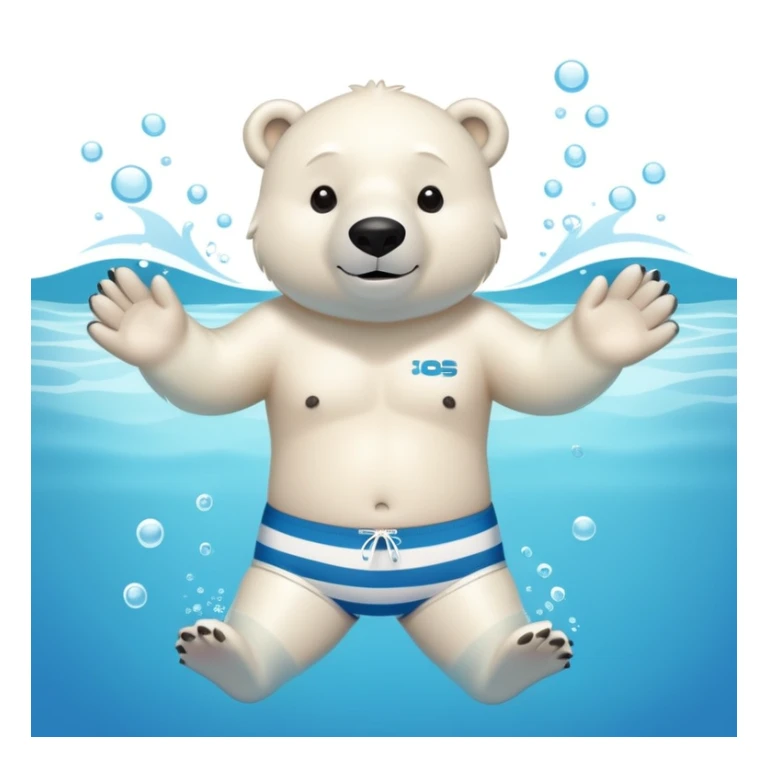 friendly anthropomorphised polar bear swimming in a wide pool scene, wearing striped swim trunks and snorkel gear sticker