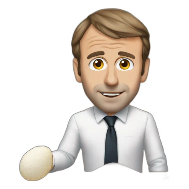 Emmanuel Macron in front of his office, he has flour on his nose, there is a pile of white flour on the desk, and his pupils are dilated sticker