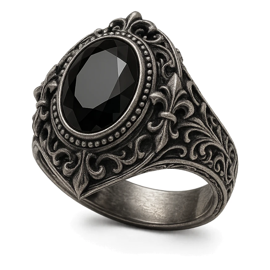 gothic ring in aristocrat goth style, silver, black stone, intricate design sticker