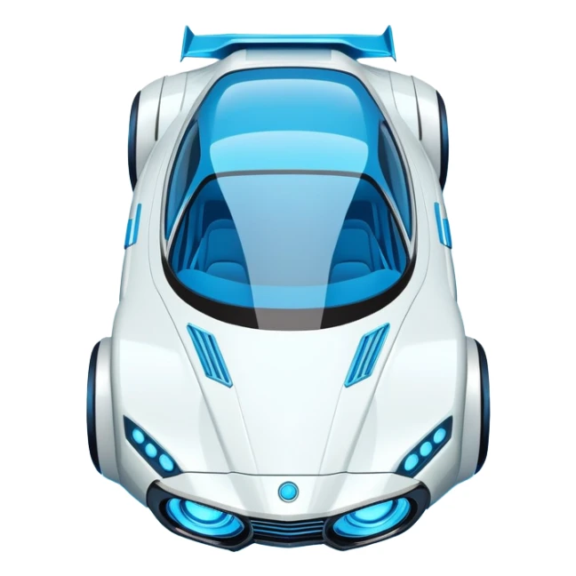 Top-down view of futuristic retro hover car with angular design and glowing blue wheels, flat vector style, minimal color palette with blue highlights sticker
