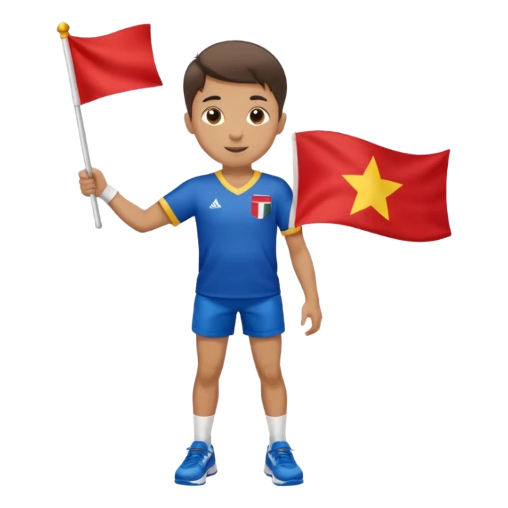 A boy in a jersey, excitedly lifting a small handheld flag and shorts with simple sport shoes sticker