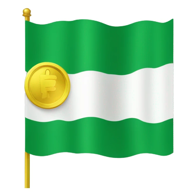 The flag design is a green field charged with a yellow coin containing white text. Green represents peace, gold represents prosperity, and white represents purity. sticker