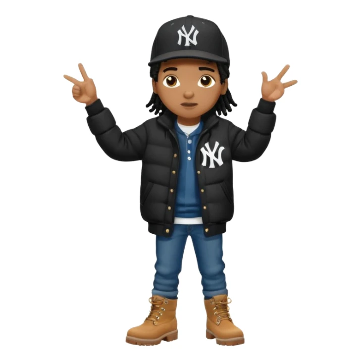 African American boy with short black dreadlocks wearing a black New York Yankees logo baseball cap wearing a black bubble winter coat wearing denim skinny jeans and timberland boots with hands pointing out at someone sticker