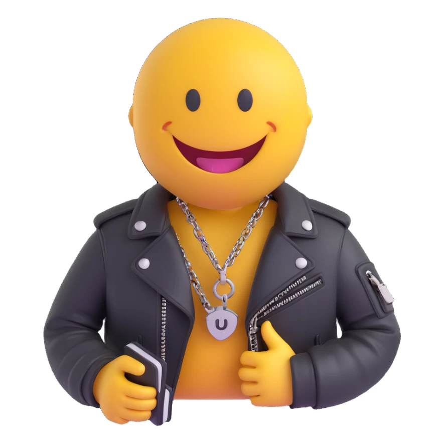 3D smiley emoji, round shape, motorcyclist with chain wallet: chain wallet, leather jacket, smiling face sticker