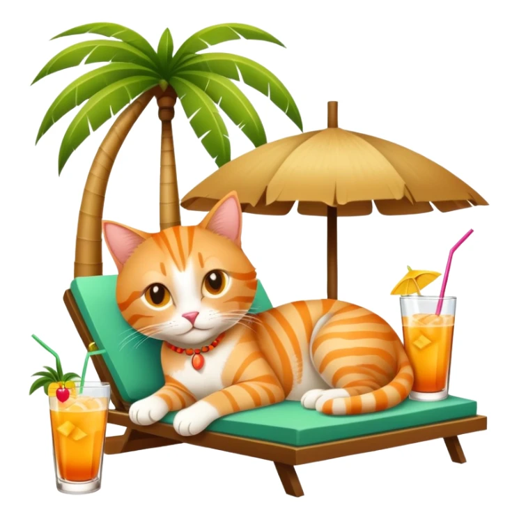 Orange tabby cat lounging under a palm tree with a mai tai tropical drink sticker