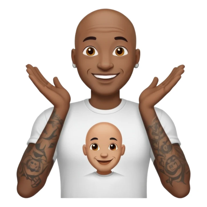bald black man with bold full face tattoos, happy face, wearing a t-shirt sticker