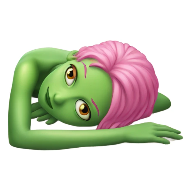 a green alien woman pink air, laying on the beach sticker