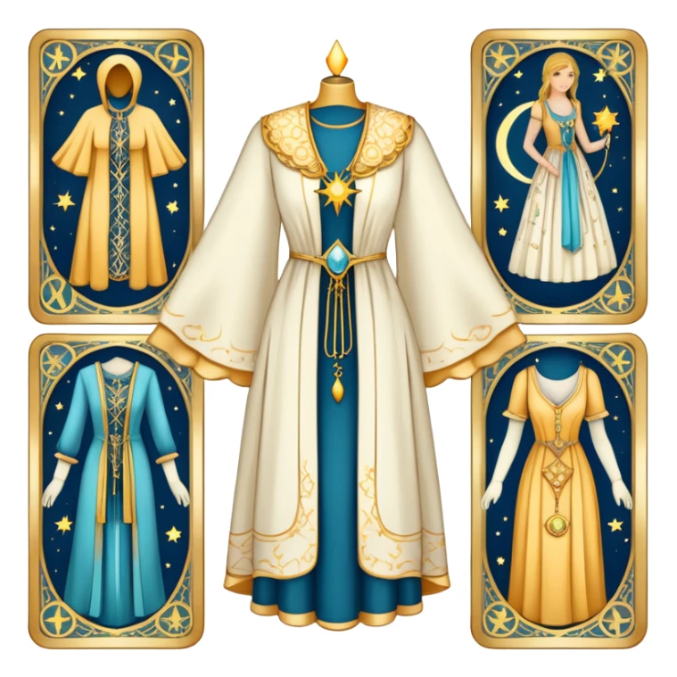 Tarot style wardrobe card showing elegant clothing items with celestial symbols, mystical style definition sticker