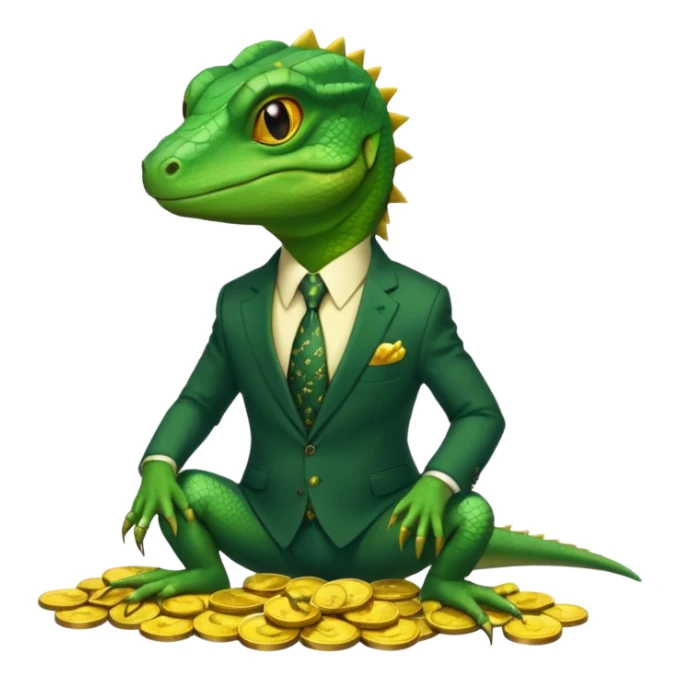 lizard in a business suit with a sly expression, sitting on gold coins sticker
