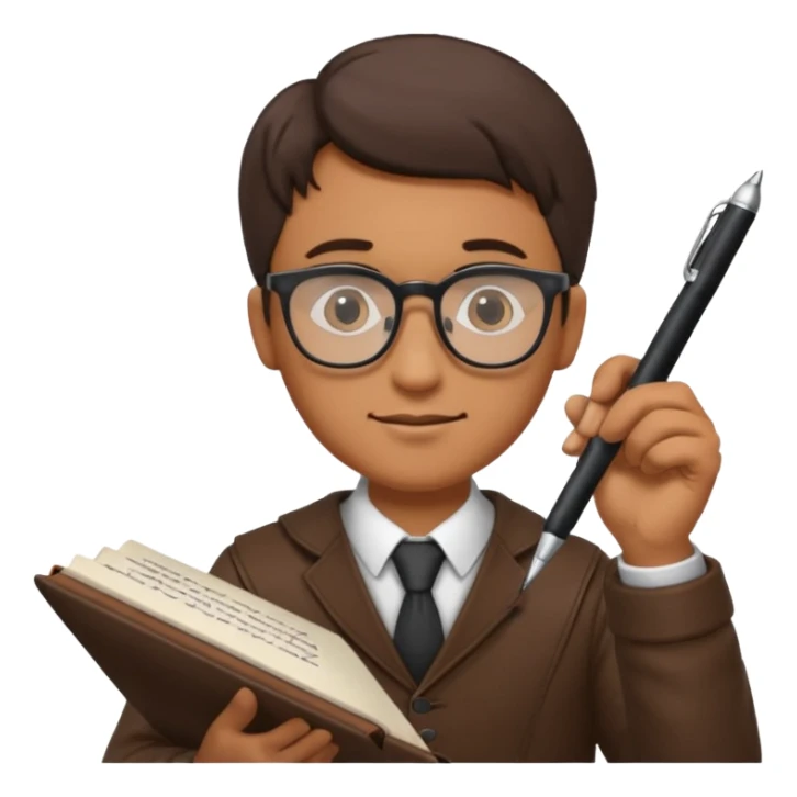 man hold a pen in hand write in book , wearing glasses sticker